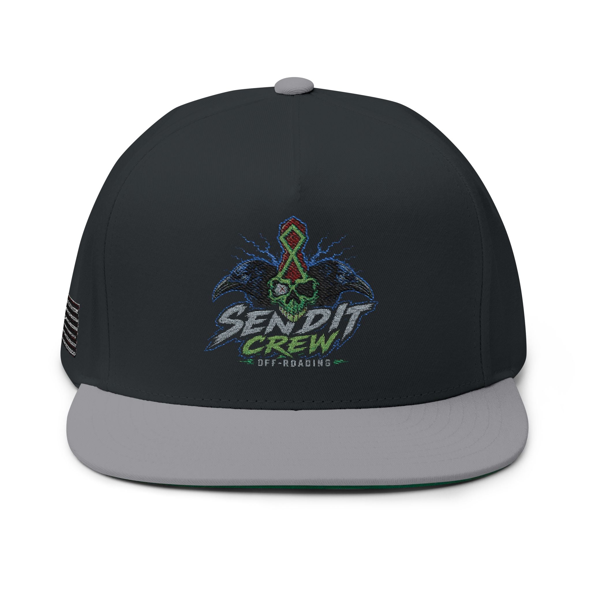 Embroidered Flat Bill Cap — Send It Crew Skull Ribbon Logo