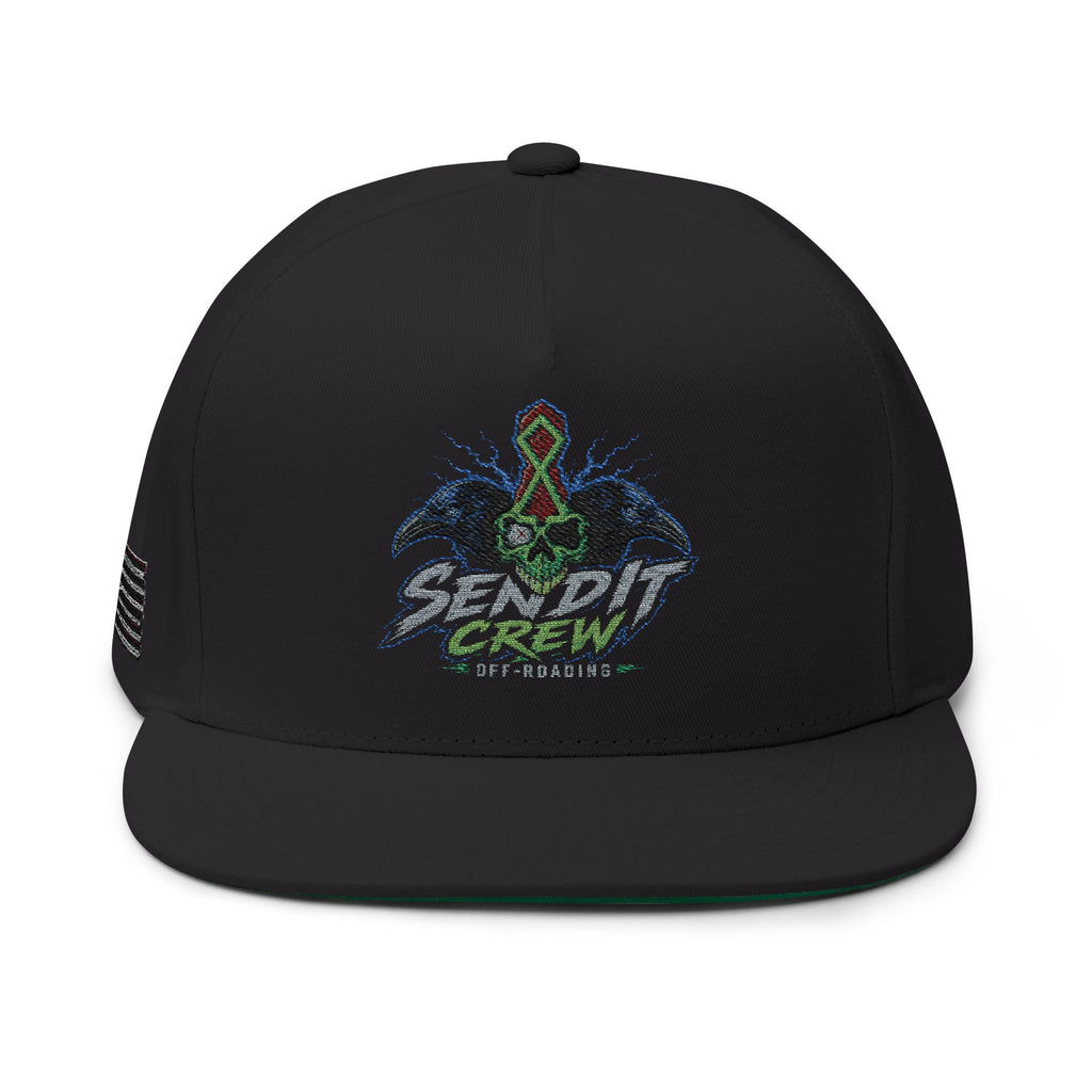 Embroidered Flat Bill Cap — Send It Crew Skull Ribbon Logo