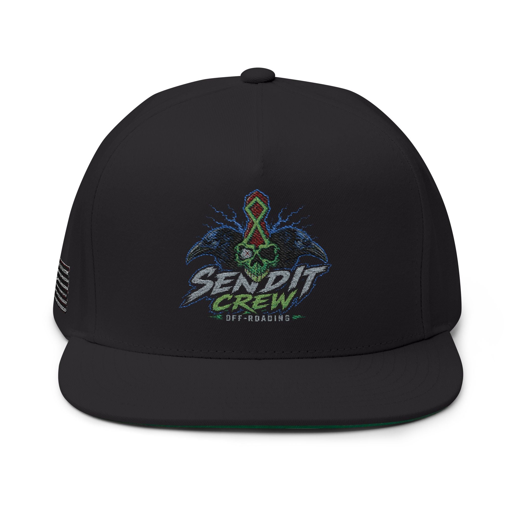 Embroidered Flat Bill Cap — Send It Crew Skull Ribbon Logo