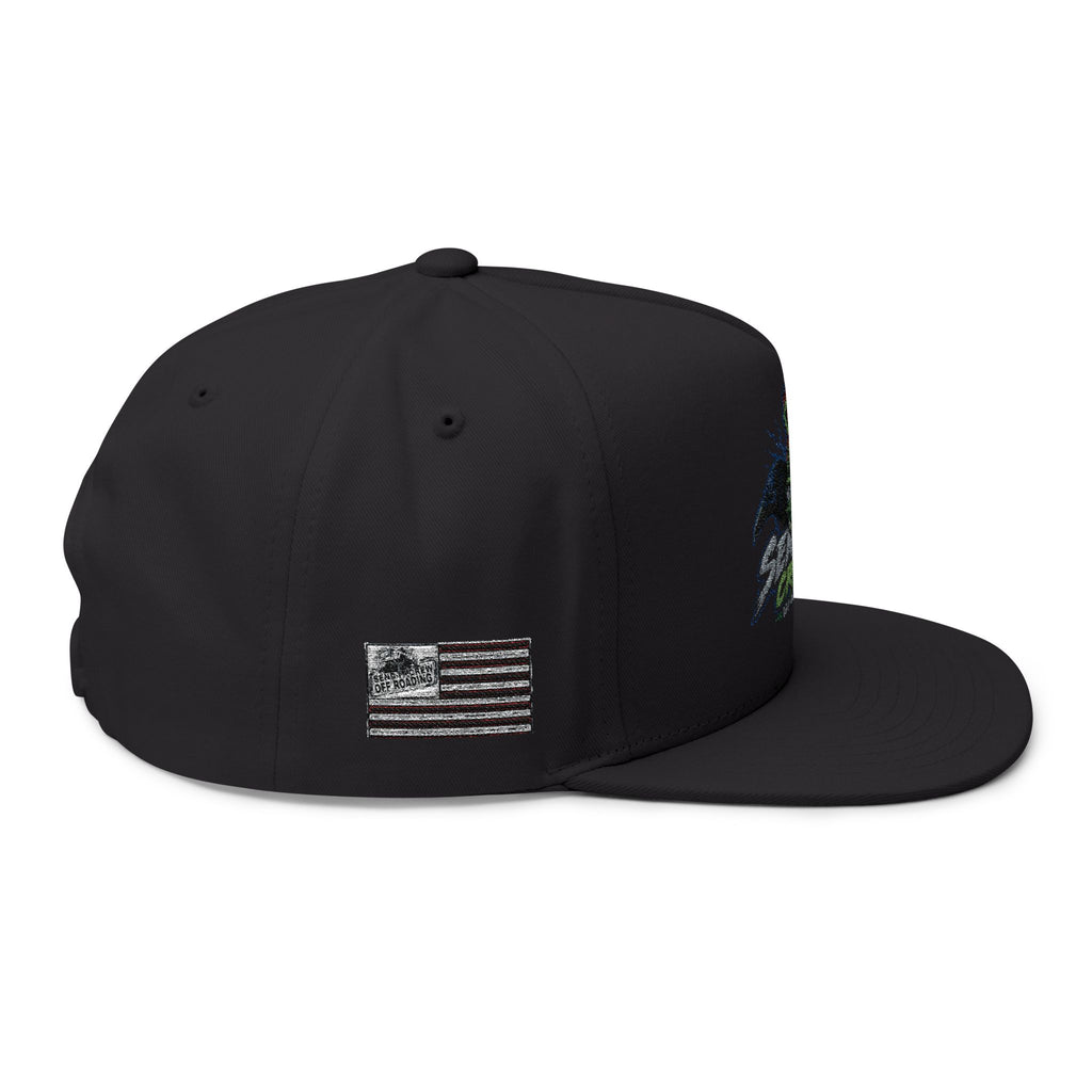 Embroidered Flat Bill Cap — Send It Crew Skull Ribbon Logo